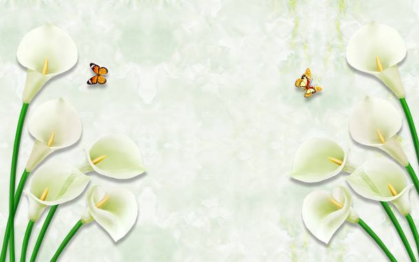 3d flor, mariposa cielo y flor casa ladrillo pared fondo
 - Foto, imagen