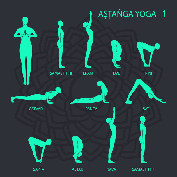 Set of yoga asanas on dark background  - Vector, Imagen