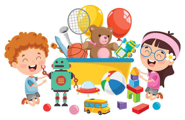 Kinder spielen mit verschiedenen Spielzeugen - Vektor, Bild