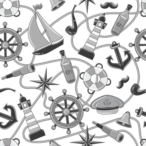 Sailor pattern. Seamless pattern of a pirate ship and attributes - Vektori, kuva