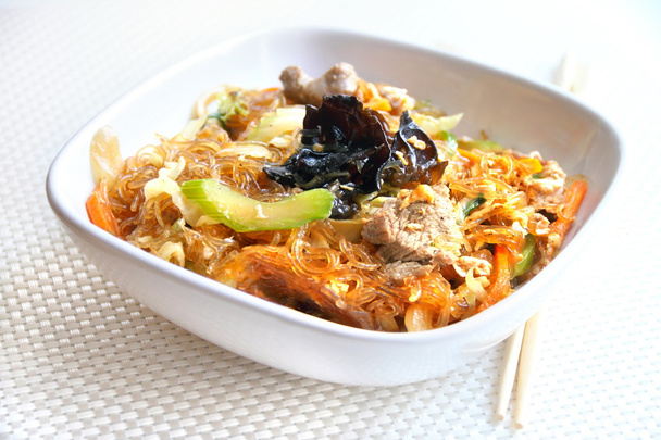 Spicy glass noodles with beef, vegetables and eggs - Photo, Image