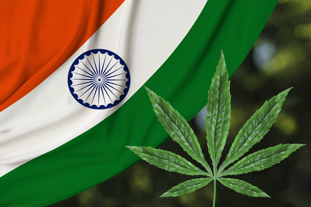 green leaf of hemp and the beautiful silk national flag of india, the concept of medical cannabis, legalization of drugs, drug trafficking crimes, close-up - Zdjęcie, obraz