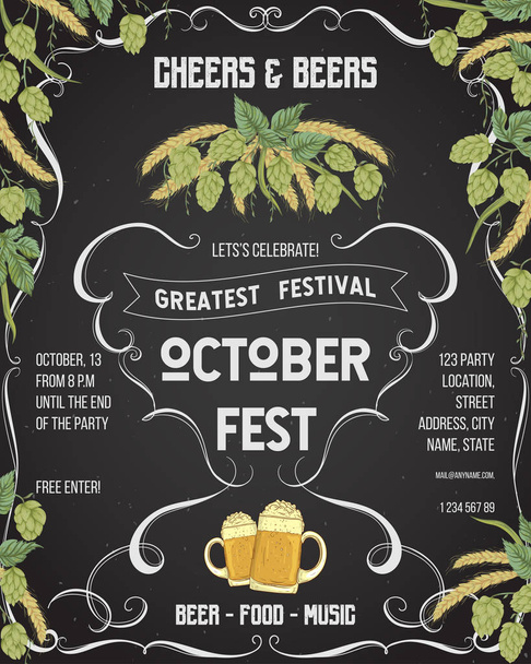 Ekim festivali bira festivali. Hop, buğday ve tebeşir tahtası arka plan üzerinde bira bardak ile Cheers ve bira davet. Kart, el ilanı, baskı, poster, reklam için tasarım şablonu. Vektör çizimi - Vektör, Görsel
