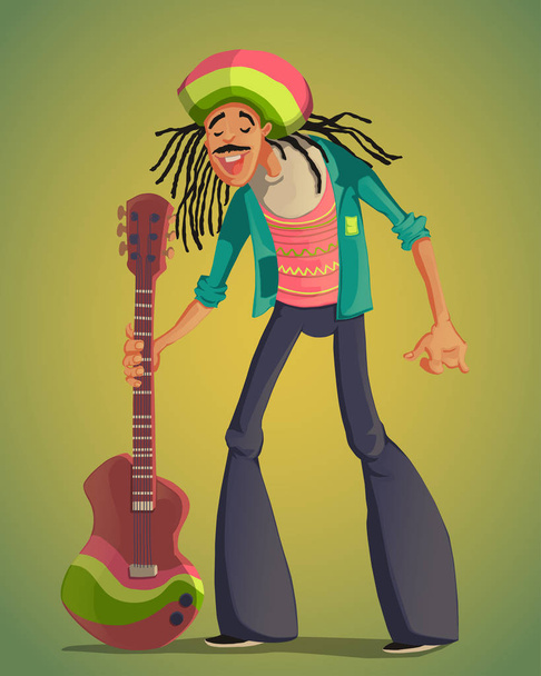 Rastafarian man with dreadlocks and guitar. Funny cartoon character. Colorful vector illustration - Vector, Image