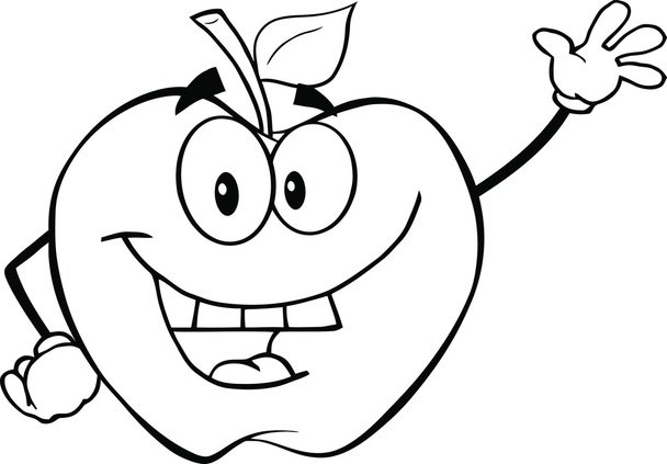 czarno-białe jabłko kreskówka macha na powitanie - Zdjęcie, obraz
