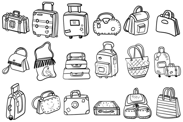 Collection of doodle bags, backpacks, suitcases and beach bags. Coloring page or book for children and adults. Vector illustration. - Vecteur, image