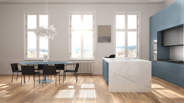 Мінімалістична синьо-чорна кухня в класичній кімнаті з молдингами, паркетною підлогою, обіднім столом зі стільцями, мармуровим островом і панорамними вікнами. Сучасна архітектура дизайн інтер'єру
 - Фото, зображення