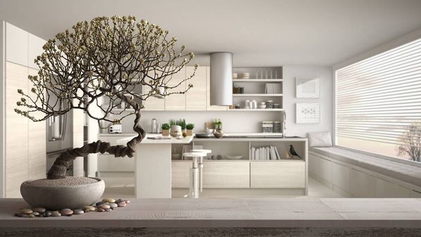 Çakıl ve saksı çiçek bonsai, beyaz çiçekler, minimalist beyaz ve ahşap mutfak, modern iç tasarım, zen temiz mimari konsept fikir üzerinde Vintage ahşap masa raf - Fotoğraf, Görsel