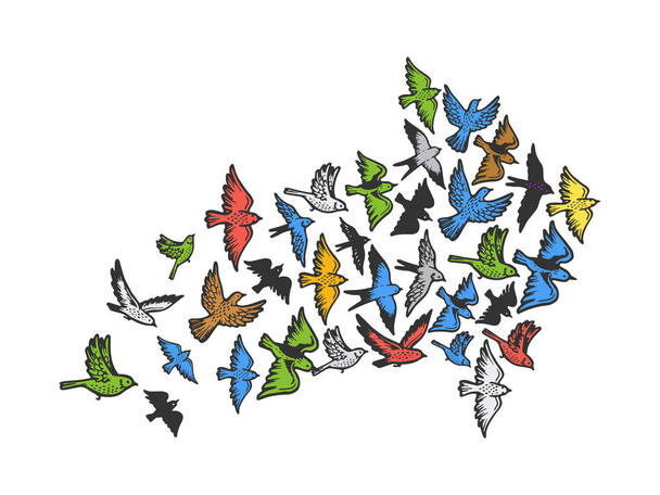 Birds flying in form of arrow symbol sketch engraving vector illustration. Tee shirt apparel print design. Scratch board style imitation. Black and white hand drawn image. - Vektori, kuva