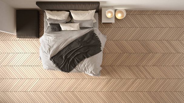 Pohodlná moderní bílá a šedá ložnice se dřevěné slaninkové parketové podlaze, postel s přikrývkou a polštáři, minimální design interiéru, plán, pohled shora - Fotografie, Obrázek