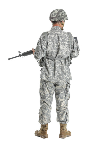 Mature male soldier on white background, back view - Foto, afbeelding