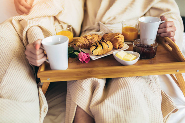 Close-up of romantic healthy breakfast in luxury hotel room.  - 写真・画像