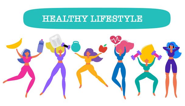 Banner de alimentación saludable, chicas en trajes deportivos con escamas, frutas y verduras. Concepto de alimentación saludable, perder peso y mantenerse en forma, motivación deportiva
. - Vector, imagen