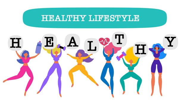 Az egészséges táplálkozás banner, a lányok a sport jelmezekben pikkelyek, gyümölcsök és zöldségek. Az egészséges táplálkozás fogalma, a súlyvesztés és a Keep Fit, a sport motiváltsága. - Vektor, kép