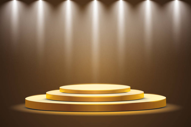 Golden podium with a spotlight on a dark background, the first place, fame and popularity. Vector illustration - Vector, Image