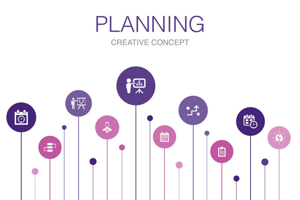 plánování infografika 10 kroků šablona. kalendář, plán, časový rozvrh, ikony akčního plánu - Vektor, obrázek