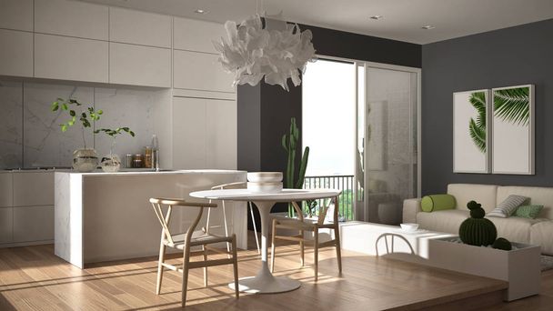 Эко-зеленый интерьер, белая и светлая гостиная с диваном, кухня с обеденным столом, сочные горшечные растения, паркетный пол, окно, панорамный балкон. Устойчивая архитектура
 - Фото, изображение