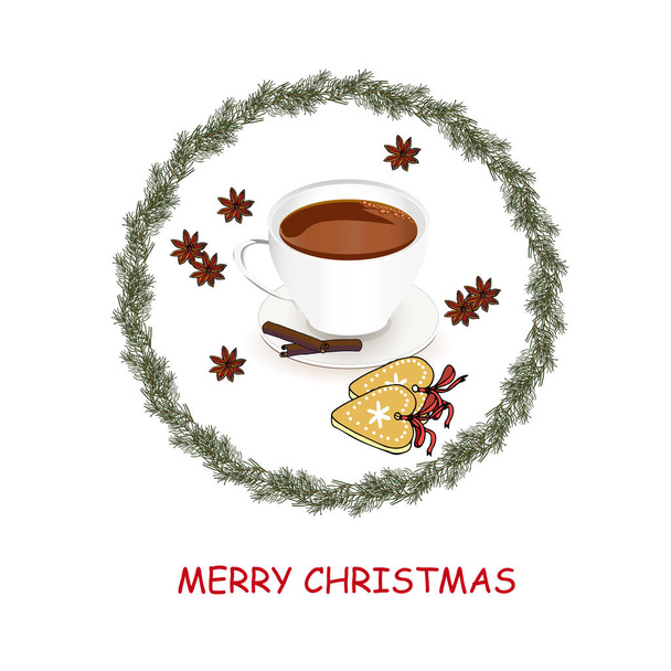 Kış içkisi Merry Christmas afişi. Beyaz sanat tasarım elemanları stok vektör illüstrasyon üzerinde köknar ağacı dal yuvarlak çerçeve çay cinnamomum web için, baskı için, kartpostal için, restoran menüsü için, kafeiçin - Vektör, Görsel