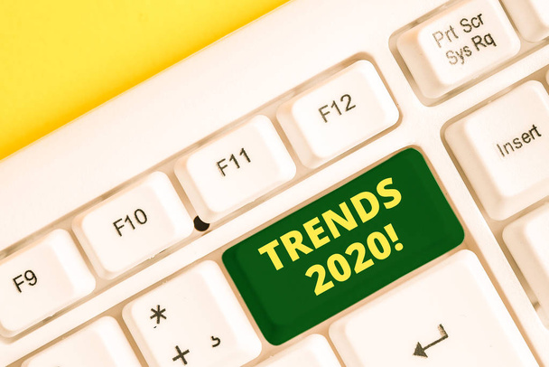 Word writing text Trends 2020. Business concept for general direction in which something is developing or changing White pc keyboard with empty note paper above white background key copy space. - Photo, Image
