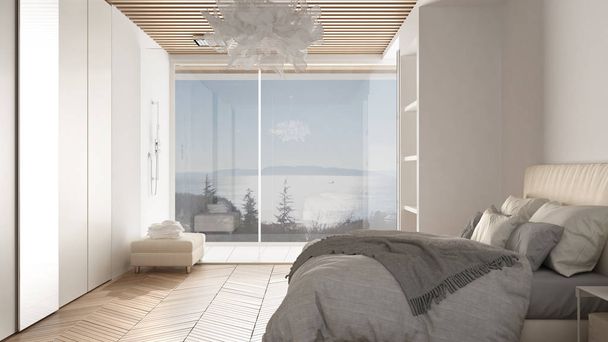 Современная белая спальня с паркетным полом, душем и деревянным полом, двуспальная кровать, большой шкаф с зеркалом, большое панорамное окно, роскошный дизайн интерьера
 - Фото, изображение