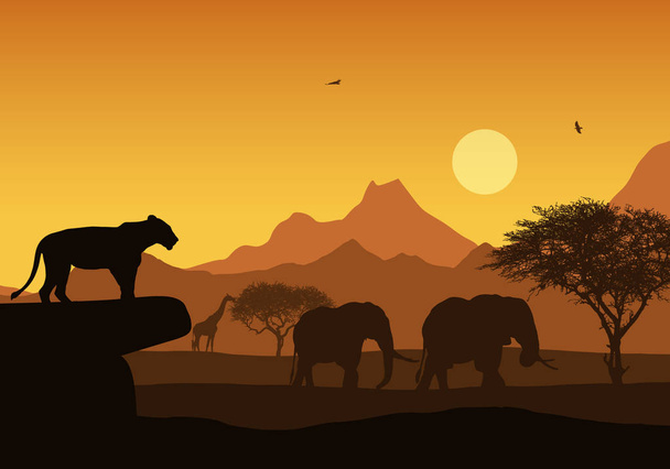 Реалістична ілюстрація Африканського сафарі з гірським ландшафтним - Вектор, зображення