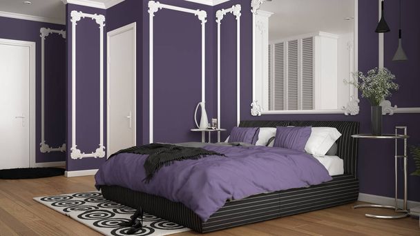 Modern violet colored bedroom in classic room with wall moldings, parquet, double bed with duvet and pillows, minimalist bedside tables, mirror and decors. Interior design concept - Photo, Image