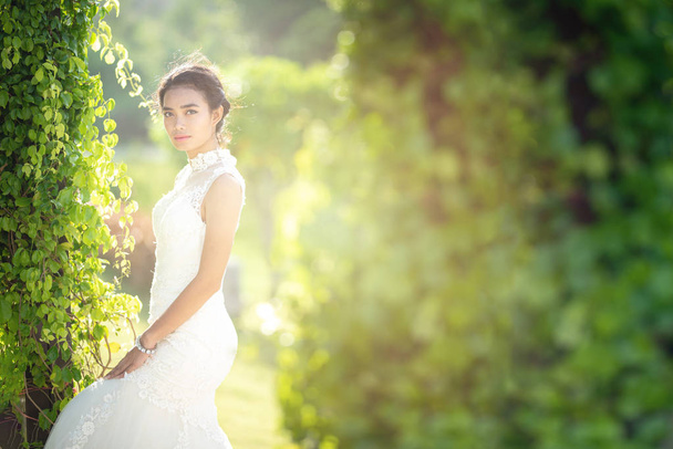 Hermosos retratos con luz natural mujer asiática novia en vestido de novia en la naturaleza pradera flor, de pie en verde campo de hierba en el fondo
. - Foto, imagen