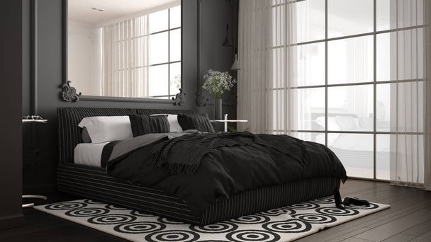 Dormitorio gris moderno en habitación clásica con molduras de pared, suelo de parquet, cama doble con edredón y almohadas, mesitas de noche minimalistas, espejo y decoraciones. Concepto de diseño interior
 - Foto, Imagen