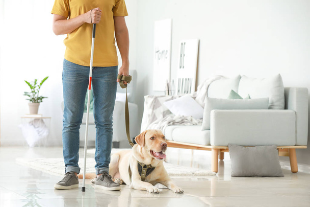 Blinde jonge man met geleidehond thuis - Foto, afbeelding