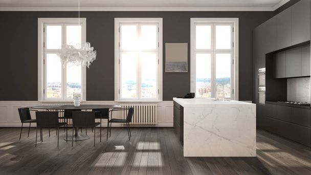 Minimalist gary ve siyah mutfak klasik odada kalıpları, parke zemin, sandalye, mermer ada ve panoramik pencereler ile yemek masası. Modern mimari iç tasarım - Fotoğraf, Görsel