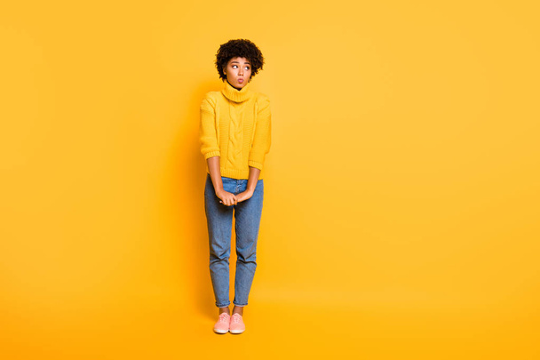 Full length body size photo of cute nice shy girlfriend hesitating to ask something wearing jeans denim yellow sweater isolated vivid color background - Fotoğraf, Görsel