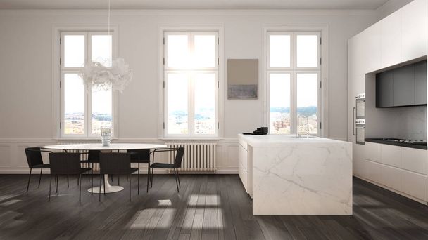 Minimalistyczna biała i czarna kuchnia w klasycznym pokoju z listwy, parkiet, stół z krzesłami, marmurowa wyspa i panoramiczne okna. Nowoczesna architektura wnętrz - Zdjęcie, obraz