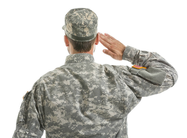 Saluting soldier on white background, back view - Photo, Image