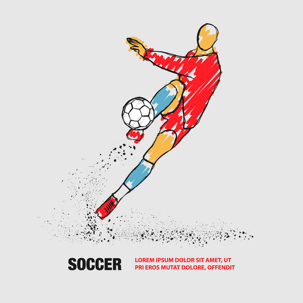 Ο ποδοσφαιριστής χτυπά την μπάλα. Μπροστινή όψη. Διανυσματικό περίγραμμα του παίκτη ποδοσφαίρου με μουτζούρες - Διάνυσμα, εικόνα