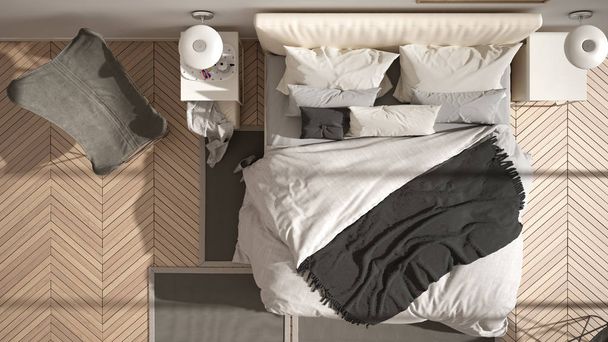 Moderní bílá a šedá minimalistická ložnice, postel s polštáři a přikrývkami, rybí Parketová podlaha, noční stolky, křeslo a koberec. Architektura, koncepce interiéru, vrcholových zobrazení - Fotografie, Obrázek