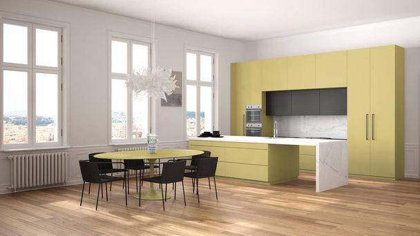 Минималистская желтая и черная кухня в классической комнате с лепниной, паркетный пол, обеденный стол со стульями, мраморный остров и панорамные окна. Современный дизайн интерьера
 - Фото, изображение