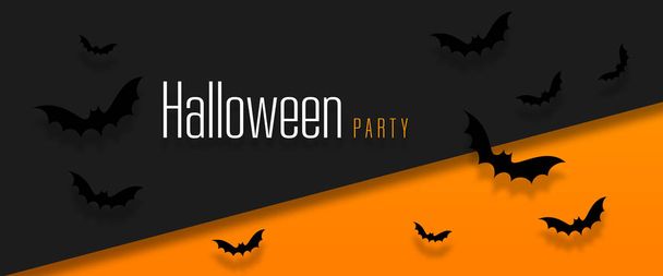 Happy halloween banner with bats flying over orange background. Autumn holiday composition. - Photo, Image