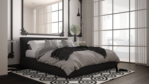 Dormitorio moderno blanco y gris en habitación clásica con molduras de pared, parquet, cama doble con edredón y almohadas, mesitas de noche minimalistas, espejo y decoraciones. Concepto de diseño interior
 - Foto, imagen
