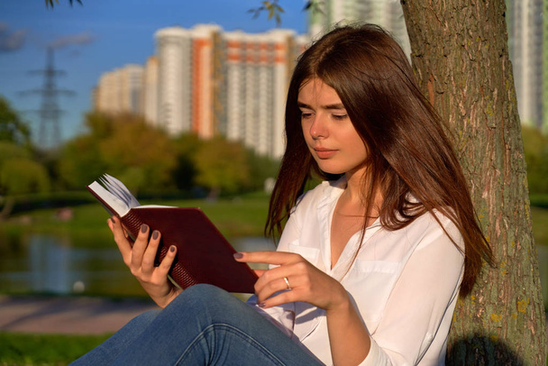 Młoda skoncentrowana brunetka czyta notatki w Planner - Zdjęcie, obraz