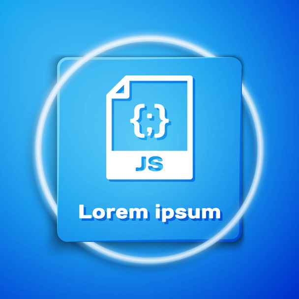 Valkoinen JS-tiedosto. Lataa js painiketta kuvake eristetty sinisellä taustalla. JS-tiedoston symboli. Sininen neliö nappi. Vektorikuvaus
 - Vektori, kuva