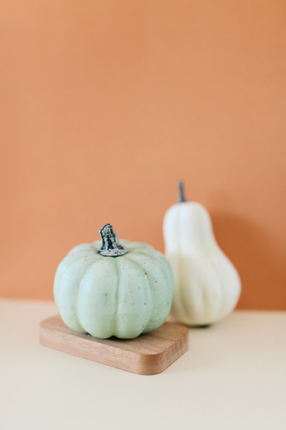 Teal and cream small pumpkins on layered wooden tray and orange background. Side view. - Fotoğraf, Görsel