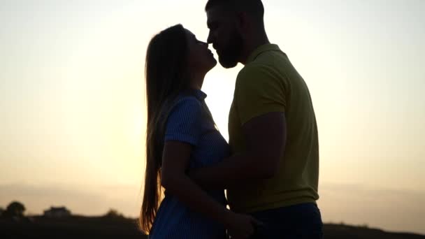 Uma história de amor de um jovem casal encantador de mãos dadas na paisagem rural ao pôr-do-sol. Silhueta de barbudo jovem e sua namorada abraçando, esfregar os narizes, aconchegar-se e beijar
. - Filmagem, Vídeo