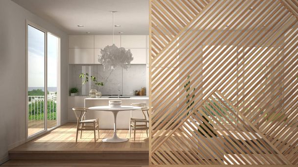 Holzplatten in Großaufnahme, moderne Küche mit großem Fenster, Parkettboden. minimalistische zen interior design concept idee, zeitgenössische architektur templatev - Foto, Bild