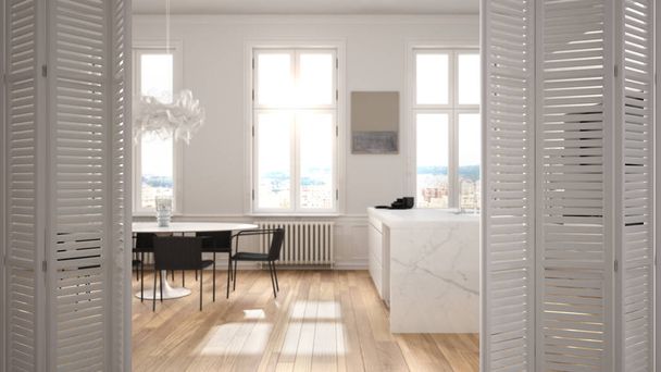 Открытие белых складных дверей на современной белой кухне с деревянными деталями и паркетным полом, обеденный стол, белый дизайн интерьера, дизайнерская концепция, размытый фон
 - Фото, изображение