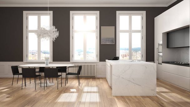 Minimalistická bílá a černá kuchyně v klasické místnosti s plesy, parketovou podlahou, jídelní stůl s křesly, mramorovým ostrovem a panoramatickými okny. Design interiéru moderní architektury - Fotografie, Obrázek