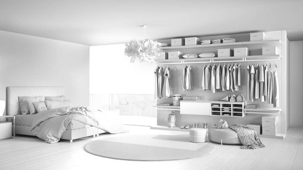 Celkový bílý projekt luxusní moderní ložnice s propastným šatníkem, oblečením, parketovou podlahou, panoramatickým oknem s zimním panoramatem, kobercem, poufem, minimálním architekturou designu - Fotografie, Obrázek