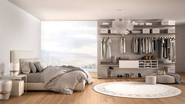 Роскошная белая современная спальня с двуспальной кроватью и гардеробом, паркетный пол, панорамное окно с зимней панорамой, ковер, пуф, минимальное архитектурное оформление интерьера
 - Фото, изображение