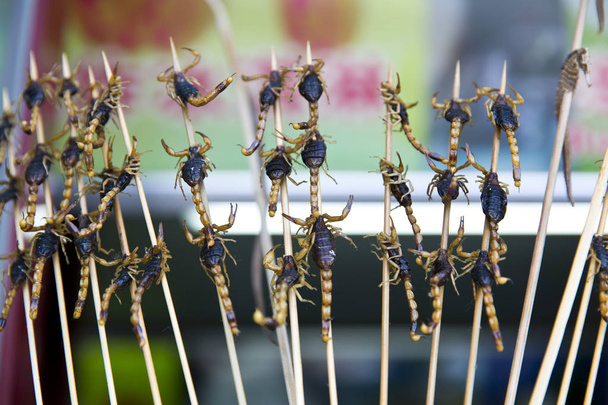 Pekin, Chiny, smażone chrząszcze na sprzedaż na rynku - Zdjęcie, obraz