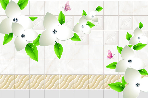 3 d の花と蝶の空と花ホーム煉瓦壁の背景 - 写真・画像