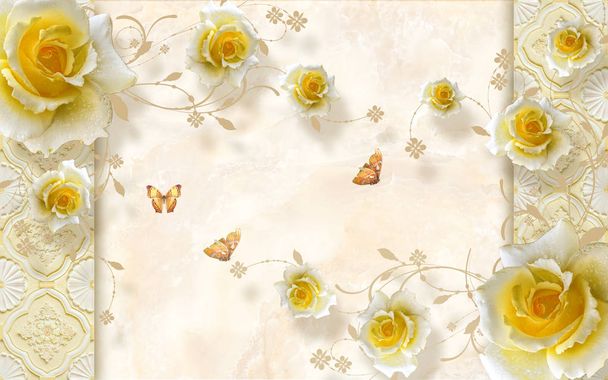 3d Blume, Schmetterling Himmel und Blume Hause Ziegelmauer Hintergrund - Foto, Bild